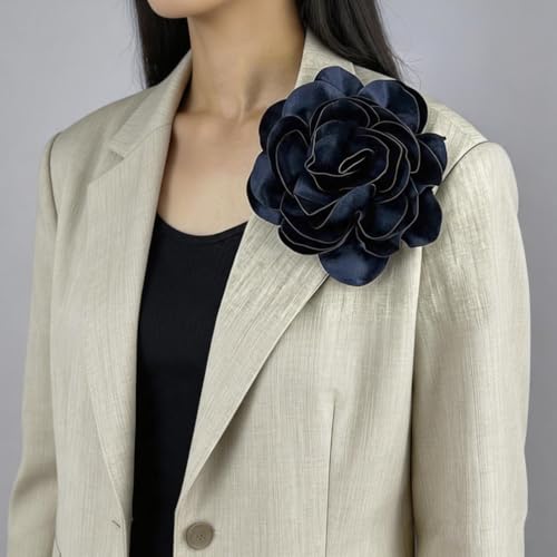 Dainty Satin Fabric Rose Flower Brooches 7.5in Extra Large Big Camellia Flower Brooches Lapel Pins for Women Wedding Party Dance Dress Clothes Accessories - color: Blue
