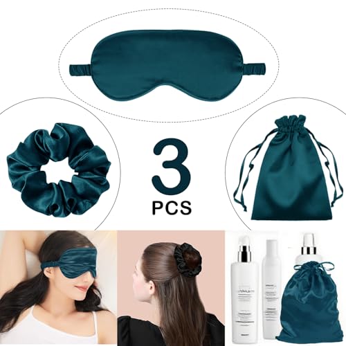 3Pcs Satin Eye Mask Silk Sleep Masks Set Silky Blindfold Eyeshade Blackout Eyes Cover Pouches Bag Scrunchy Wedding Gift - color: Peacock Blue