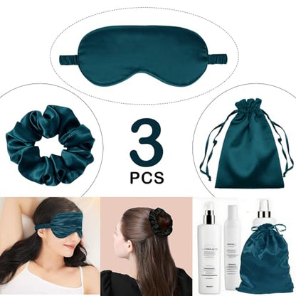 3Pcs Satin Eye Mask Silk Sleep Masks Set Silky Blindfold Eyeshade Blackout Eyes Cover Pouches Bag Scrunchy Wedding Gift - color: Peacock Blue