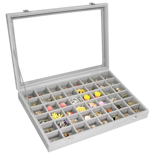 Vicoter 48 Grid Velvet Jewelry Tray Clear Lid Rings Earrings | Organizer Transparent Cover Necklaces Pendants Storage Box for Girls Wife Mom Women (Gray) - color: Grey, size: 48 Grid