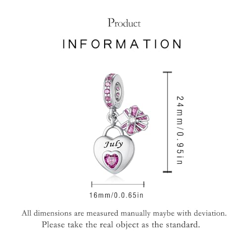 LNQOBU 925 Sterling Silve Heart-shaped Birthstone Charm for Bracelets, With 5A Cubic Zirconia Birthday Charms Dangle Pendant Bead for Pandora Bracelets - color: G-July