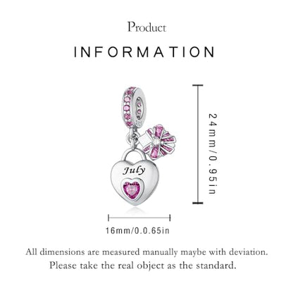 LNQOBU 925 Sterling Silve Heart-shaped Birthstone Charm for Bracelets, With 5A Cubic Zirconia Birthday Charms Dangle Pendant Bead for Pandora Bracelets - color: G-July