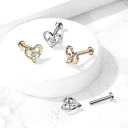 16GA Paved Heart Contour Heart CZ Solitaire Internally Threaded 316L Surgical Steel Flat Back Studs for Labret, Monroe, Cartilage and More - style: Rose Gold, 16GA, L.5/16" (8mm)