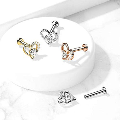 16GA Paved Heart Contour Heart CZ Solitaire Internally Threaded 316L Surgical Steel Flat Back Studs for Labret, Monroe, Cartilage and More - style: Rose Gold, 16GA, L.5/16" (8mm)