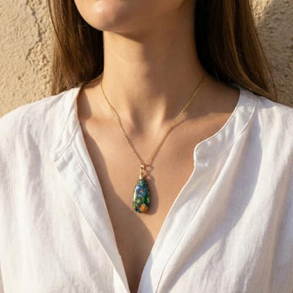 Joya Love 14K Gold Plated Healing Stone Teardrop Pendant Necklace for Women, Waterproof Stainless Steel Chain, Colorful Natural Stone Look, Boho Spiritual Jewelry Gift - color: Colorful -Gold-02