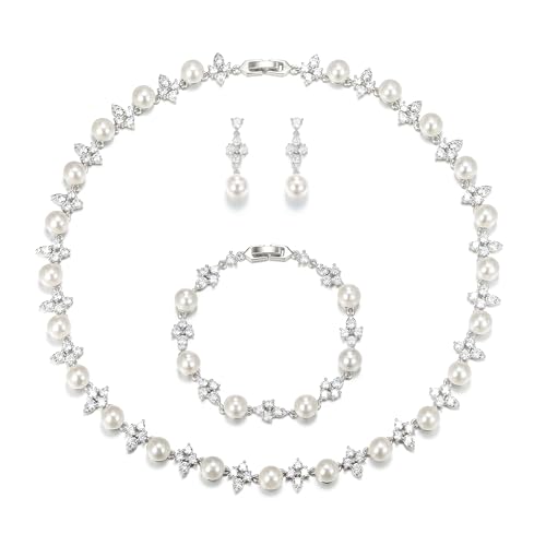 EVER FAITH Cubic Zirconia Pearl Leaf Bridal Jewelry Set for Bride Women | White Wedding Prom Necklace Dangle Earrings Bracelet, for Bridesmaid - color: Floral_Silver-Plated-Brass