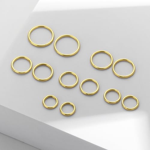 16G 6MM 7MM 8MM 9MM 10MM 12MM Hinged Clicker Septum Rings Pack Surgical Stainless Steel 16 Gauge Nose Ring Daith Rook Tragus Helix Cartilage Conch Hoop Earrings Piercing Jewelry for Women Men - color: Gold Tone
