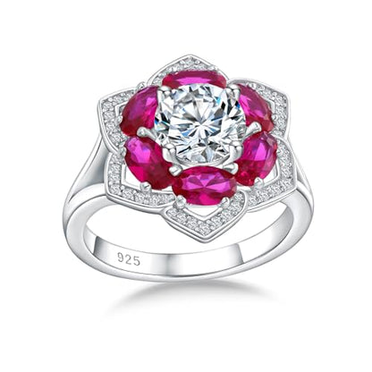 Flower Cocktail Ring for Women Stone Engagement Anniversary Rings | Sterling Silve|Hypoallergenic|Ruby|Sapphire|Emerald|Wedding and Birthday Party Women Statement Ring|Mother and Grandma Gift - color: Ruby (July)