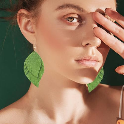 Handmade Bohemian Large Soft Genuine Leather Fringe Double Feather Dangle Drop Earrings Lightweight Simple Color PU Leaf Hook Earrings for Women - color: Green