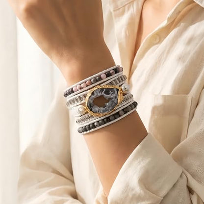 YGLINE Boho Handmade Wrap Leather Tube Crystal Stone Bracelet for Women - color: Druzy-5w