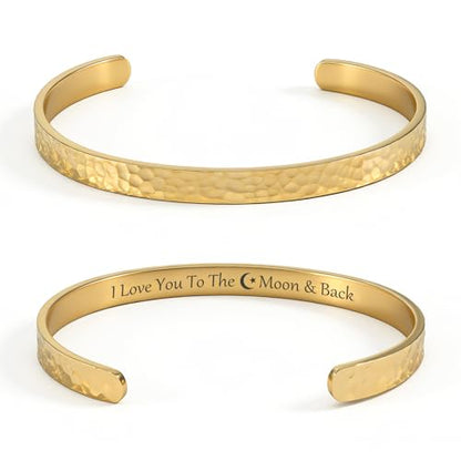 Inspirational Bible Verse Cuff Bracelet for Women, 18K Gold Plated Hammered Bangle, Christian Faith Jewelry Gift, Adjustable Non Tarnish - color: Love you to the moon and back-Hammered Gold