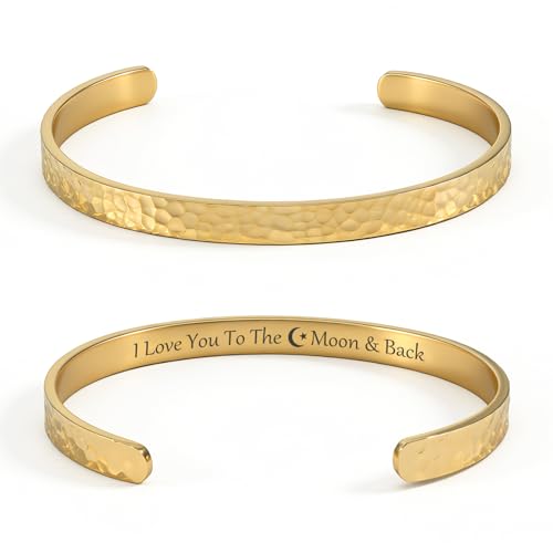 Inspirational Bible Verse Cuff Bracelet for Women, 18K Gold Plated Hammered Bangle, Christian Faith Jewelry Gift, Adjustable Non Tarnish - color: Love you to the moon and back-Hammered Gold