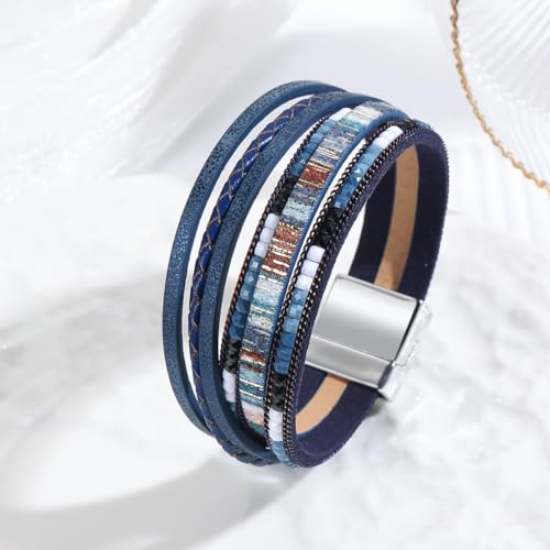 Women's Multi Layer Leather Wrap Bracelet String Bracelets for Women, Boho Braid Multi-Layer Crystal Beads Cuff Women Bracelet Jewelry - color: Blue