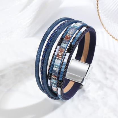 Women's Multi Layer Leather Wrap Bracelet String Bracelets for Women, Boho Braid Multi-Layer Crystal Beads Cuff Women Bracelet Jewelry - color: Blue
