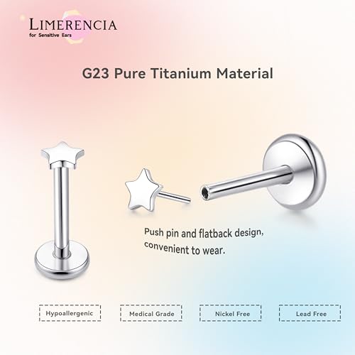 limerencia Titanium Threadless Flat Back Earrings Stud Piercing Jewelry | 20G Press Fit Titanium Push Pop in Cartilage Tragus Labret Lip Medusa Conch Piercing Jewelry Hypoallergenic for Women Men - style: Star Silver