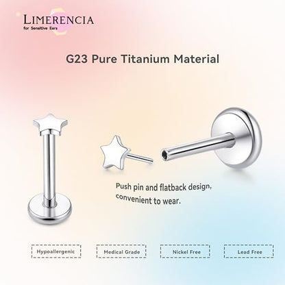 limerencia Titanium Threadless Flat Back Earrings Stud Piercing Jewelry | 20G Press Fit Titanium Push Pop in Cartilage Tragus Labret Lip Medusa Conch Piercing Jewelry Hypoallergenic for Women Men - style: Star Silver