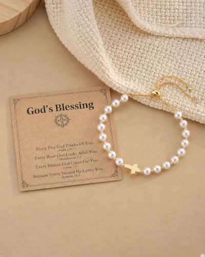HGDEER God's Blessing Cross Bracelet for Women & Teens, Christian Gift | 14K Gold Plated, Natural Malachite & Turquoise Beads, Secure Adjustable Bolo Clasp, Hypoallergenic, Gift for Women & Teens - color: White