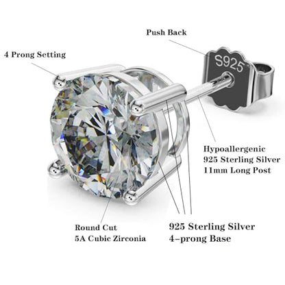 925 Sterling Silver Cubic Zirconia Studs Earrings for Women Men - Hypoallergenic 14K White Gold Plated 5/6/7/8mm Clear Round Cut CZ Studs Earrings - color: White Gold 4 Prong, size: 6mm