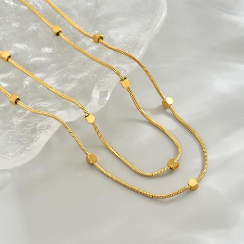 18K Gold Plated Layered Herringbone Necklaces for Women Dainty Layering Beaded Snake Chain Choker Moon Coin Pendant Necklace Trendy Stainless Steel Jewelry - color: Double Square-Gold