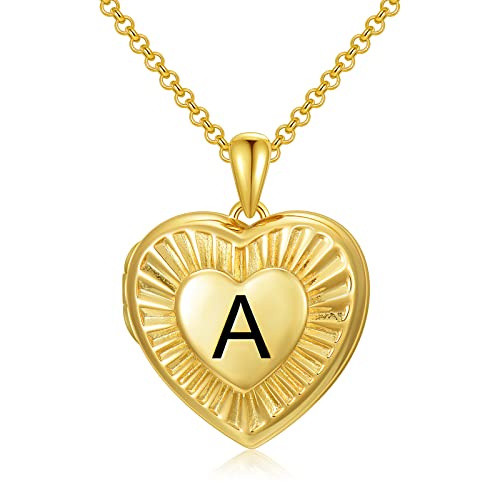 SOULMEET 10K 14K 18K Solid Yellow Gold/Plated Gold Locket Radiation Initial Heart Locket Necklace that Holds Pictures Personalized Photo Locket Necklace Alphabet A-Z - style: A-locket only