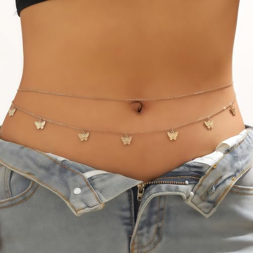14K Gold Plated Waist Chain for Women, Layered Belly Body Chain | 2Pcs Adjustable Fit, Layered Design, Dainty Chain Styles, Bikini, Dress & Rave Outfits, Beach, Festival & Vacation - color: Gold-Plated 6