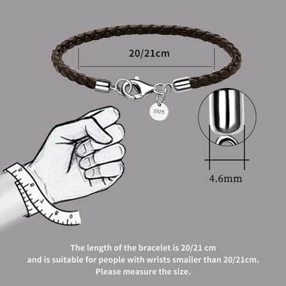 Leather Bracelet for Men Women 4MM Braided 925 silver Clasp 20/21/22cm with Jewelry Gift Box Handcrafted - color: Brown, size: 8.2''