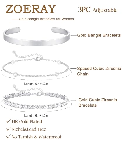 ZOERAY Silver Gold Bangle Bracelets for Women Non Tarnish 14k Gold Plated Stackable Cuff Bracelets for Women Trendy Cubic Zirconia Stainless Steel Chunky Bracelet Stack Set Waterproof Jewelry Gifts - color: D.Cubic Zirconia-Silver
