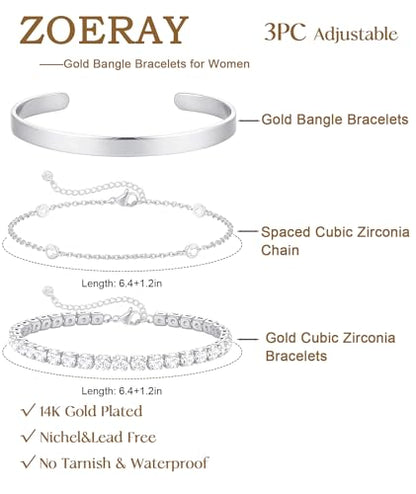 ZOERAY Silver Gold Bangle Bracelets for Women Non Tarnish 14k Gold Plated Stackable Cuff Bracelets for Women Trendy Cubic Zirconia Stainless Steel Chunky Bracelet Stack Set Waterproof Jewelry Gifts - color: D.Cubic Zirconia-Silver