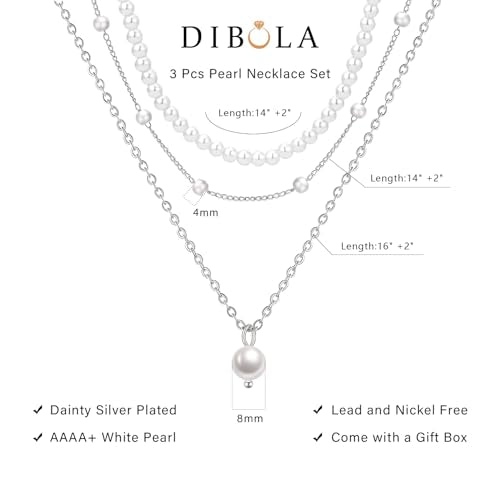 DIBOLA Gold Jewelry Set for Women, Dainty Layered 14K Gold/Silver Pearl Choker Necklaces and Earring Set Pearl Earrings Bracelets Wedding Bride Jewelry - color: 3 layered-silver