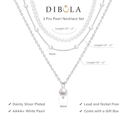 DIBOLA Gold Jewelry Set for Women, Dainty Layered 14K Gold/Silver Pearl Choker Necklaces and Earring Set Pearl Earrings Bracelets Wedding Bride Jewelry - color: 3 layered-silver