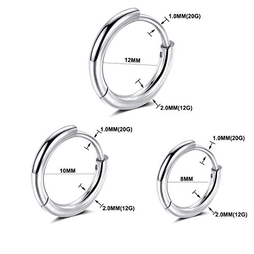 Black Hoop Earrings for Men 8mm 10mm 12mm – Surgical Stainless Steel Hypoallergenic Mens Small to Medium Hoop Earrings Set (3 Pairs) - style: E:3pairs,8mm+10mm+12mm,steel
