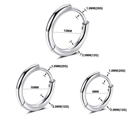 Black Hoop Earrings for Men 8mm 10mm 12mm – Surgical Stainless Steel Hypoallergenic Mens Small to Medium Hoop Earrings Set (3 Pairs) - style: E:3pairs,8mm+10mm+12mm,steel