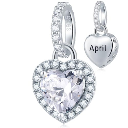 CHAWIN Birthstone Charms, 925 Sterling Silver Heart Dangle Charm, Sparkling CZ Compatible with Pandora Charm Bracelet, Necklace, Birthday Gifts for Women/Wife/Mother - style: 04# April