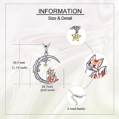 YAFEINI Moon Animal Necklace S925 Sterling Silver Owl/Fox/Red Panda/Possum/Snake/Dachshund Pendant Necklace Animal Jewelry Gifts for Women Mom Wife - style: FOX