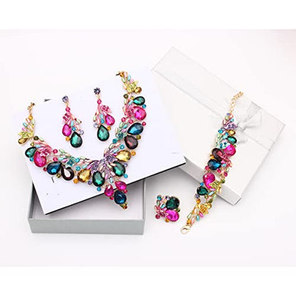 Jewelry Set for Women, Statement Necklace Dangle Earrings Bracelet Ring, White/KC Gold Plated Jewelry Set with Rhinestone Pearl Crystal Wedding Party Jewelry for Bridal Bridesmaid - color: Multicolor-Gold Plated