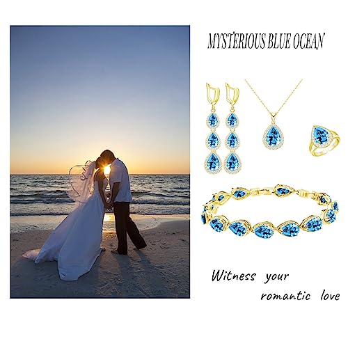 LMXXVJ Necklace Long Earrings Bracelet Set, White Gold Plated Created Blue Sapphire Jewelry Set Wedding Party Gift Jewelry for Women Bridal Bridesmaid - color: Gold-Sky Blue Ring