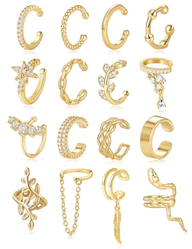16 Pcs Ear Cuff Earrings for Women Non Piercing Gold Silver Plated Ear Cuffs Non Pierced Snake Leaf CZ Star Feather Waterdrop Chain Ears Cuff Wrap Earring Clip on Cartilage Helix Fake Earrings Lightweight Adjustable - color: Gold