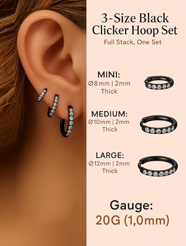 316L Surgical Steel Huggie Hoop Earrings | Dainty Pave Cubic Zirconia Cartilage Tiny Earring for Sensitive Ears Hypoallergenic Lightweight for Women Men - style: Black,18G*8/10/12mm