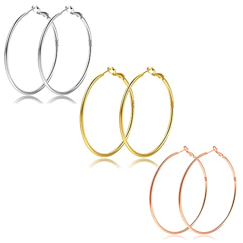 2mm Sterling Silver Big Hoop Earrings For Women - Large Hypoallergenic Circle Endless Thin Oversize Silver Hoops - color: 3 pairs,60mm hoops