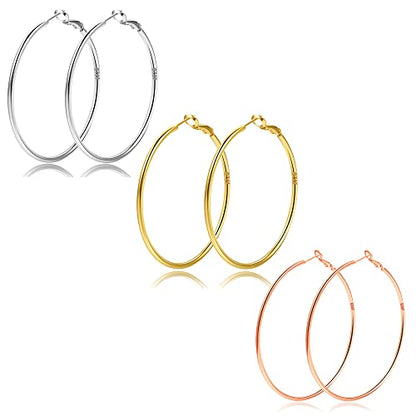 2mm Sterling Silver Big Hoop Earrings For Women - Large Hypoallergenic Circle Endless Thin Oversize Silver Hoops - color: 3 pairs,60mm hoops