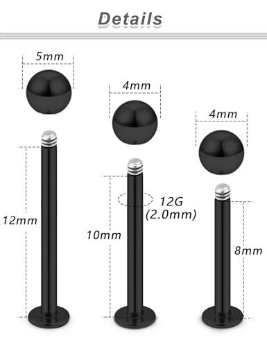 20G 18G 16G 14G 12G Lip Labret Medusa Monroe Rings Studs 316L Surgical Steel Flat Back Tragus Helix Cartilage Earring Stud Piercing Jewelry Bar Length 8mm 10mm 12mm Mix Color 18PCS - color: Black, size: 12G(2.0mm)-8/10/12mm Bars-4mm 5mm Balls