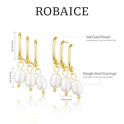 Robaice Pearl Earrings for Women, 14K Gold Plated Dangle Drop Earrings | Small Pearl Drop Huggie Hoop Earrings, Hypoallergenic Dainty Gold Earrings, Wedding Jewelry Gifts for Women Trendy - style: triple huggie pearl earrings