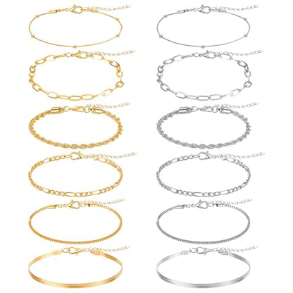 Gold Silver Ankle Bracelets for Women 12 Pcs Cuban Anklet Link Chain Set Multi-layered Wear Boho Bracelet Set Summer Beach Jewelry Accessories