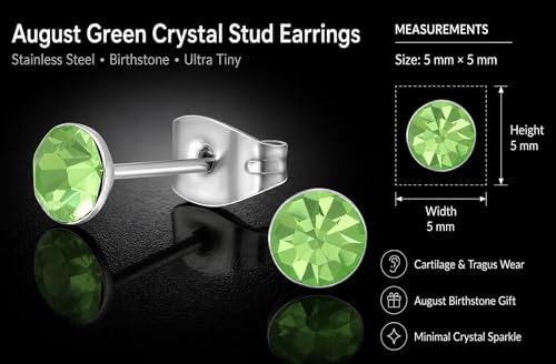 Stainless Steel Stud Earrings 5mm Crystal Birthstone Ultra-Tiny Cartilage Tragus Helix Second Ear Stackable Jewelry - color: August - Green