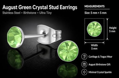 Stainless Steel Stud Earrings 5mm Crystal Birthstone Ultra-Tiny Cartilage Tragus Helix Second Ear Stackable Jewelry - color: August - Green