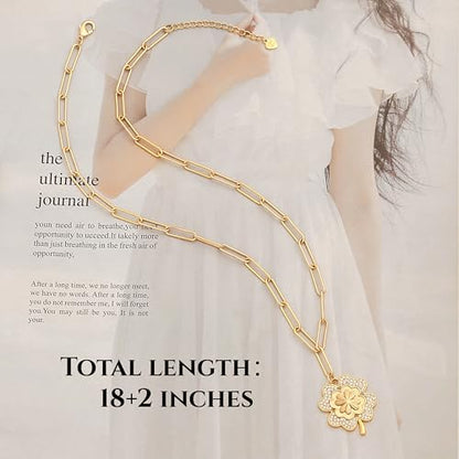 18k Gold Plated Chain Link Necklace for Women, Baroque Pearl/Compass Pendant Necklace - color: Clover