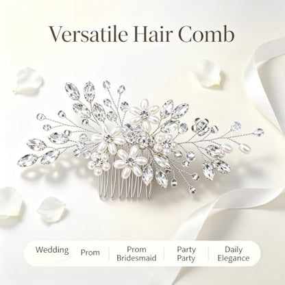 Wedding Hair Comb Pearl Crystal Bridal Hair Piece | Rhinestone Wedding Hair Accessories，Silver Hair Comb Clip for Women Wedding Party - color: silver-346