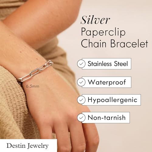 DESTIN Jewelry 18K Gold Plated Paperclip Chain Necklace, 2.5-6.5mm | Waterproof, hypoallergenic and tarnish-resistant adjustable stainless steel layering chain for women. - color: Stainless Steel, size: 7", style: 2.5 MM
