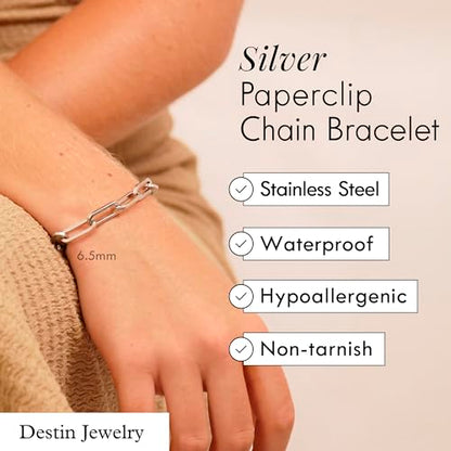 DESTIN Jewelry 18K Gold Plated Paperclip Chain Necklace, 2.5-6.5mm | Waterproof, hypoallergenic and tarnish-resistant adjustable stainless steel layering chain for women. - color: Stainless Steel, size: 7", style: 2.5 MM