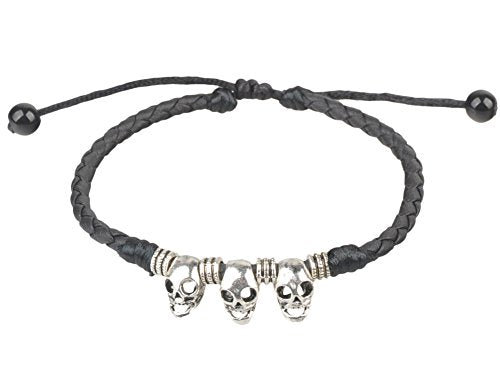 Ancient Tribe Braided Leather Anklet with Silver Skull Beads – Adjustable Gothic Punk Ankle Bracelet for Men and Women, 9 Inches
